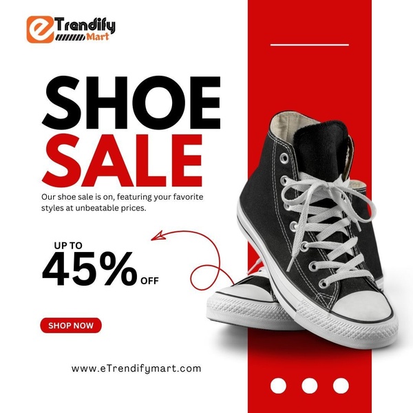 A high-contrast 1:1 square ad creative for high-top sneakers, utilizing red and white color blocking to highlight a 45% discount offer.