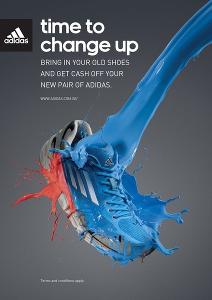 A high-impact ad using vibrant, liquid paint imagery to visualize the upgrade process from an old running shoe to a new pair.