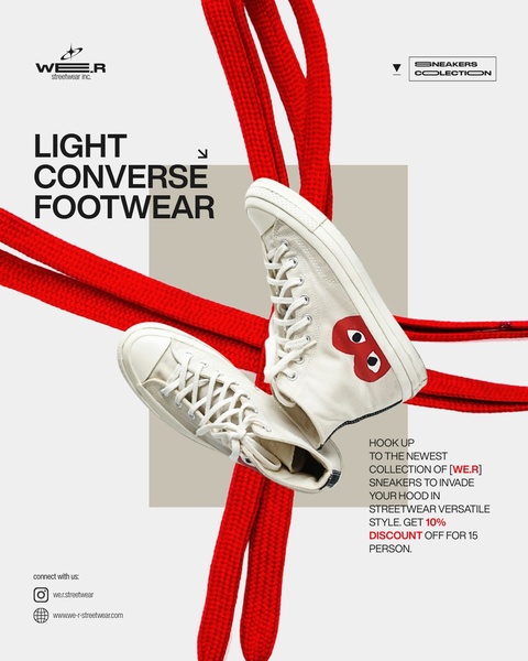 A high-top sneaker ad utilizing bold red rope elements against a clean, neutral background to create visual tension and highlight the product.