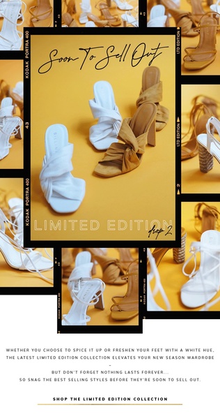 A vertical 9:16 layout featuring multiple angles of white and tan heel sandals arranged in a film strip frame, emphasizing scarcity and product variety.
