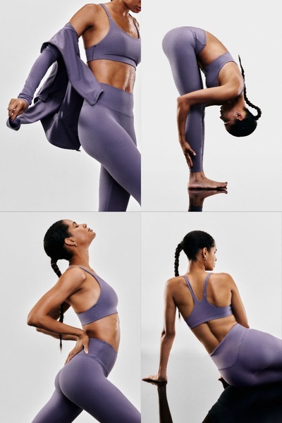 workout leggings, sports bra, activewear set, yoga clothing, athletic wear, brand awareness, lifestyle, energetic, calm, purple, neutral