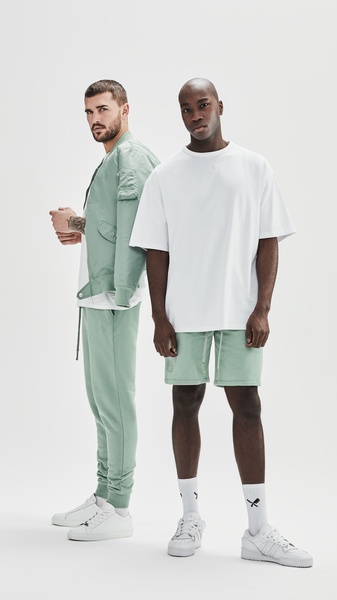 bomber jacket, t-shirt, jogger pants, casual shorts, menswear outfit, new arrival, brand awareness, minimalist, editorial, trustworthy, calm, neutral, pastel