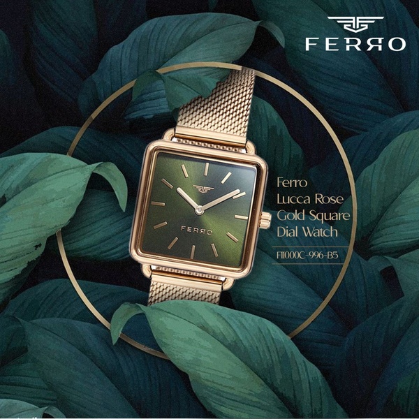 square face watch, gold metal watch, analog wrist watch, mesh band watch, fashion watch, bestseller push, editorial, minimalist, luxurious, calm, green, gold