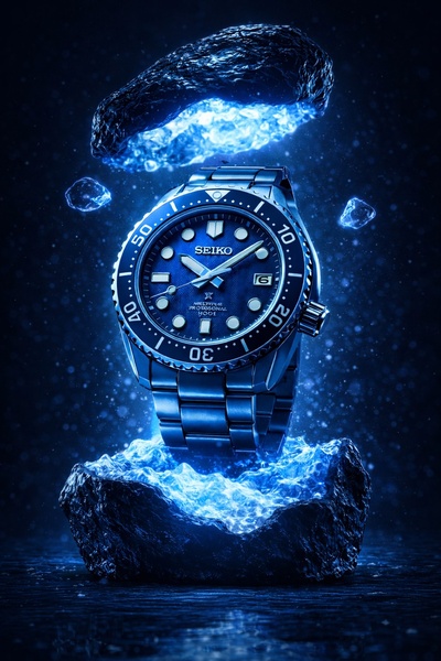 dive watch, stainless steel watch, analog watch, wrist watch, waterproof watch, brand awareness, editorial, luxurious, bold, blue