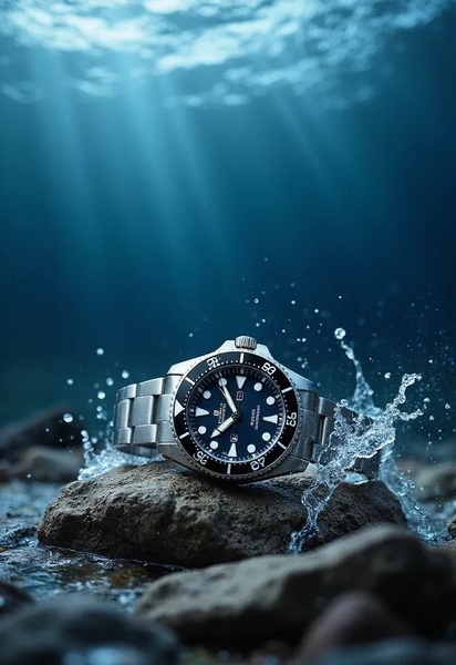 dive watch, stainless steel watch, mens watch, analog watch, waterproof watch, brand awareness, lifestyle, editorial, calm, luxurious, blue, neutral