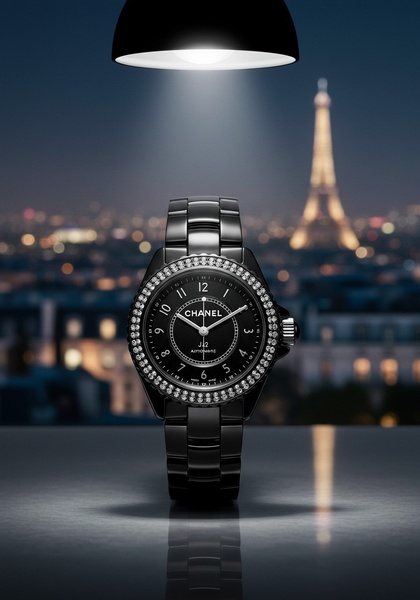 luxury watch, wristwatch, black ceramic watch, diamond watch, designer watch, brand awareness, minimalist, editorial, luxurious, calm, black, neutral
