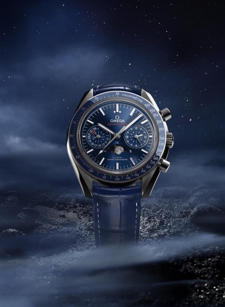 luxury watch, analog watch, leather strap watch, chronograph watch, wrist watch, brand awareness, editorial, luxurious, calm, blue, neutral