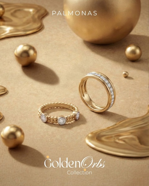 A refined product photography shot of two gold rings set against a textured sand background with stylized floating metallic orbs.