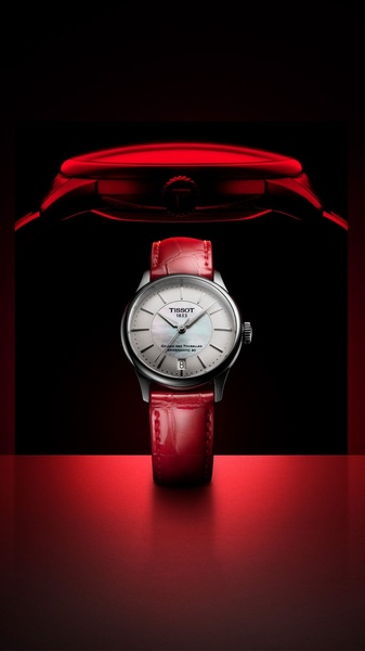 analog watch, leather strap watch, wrist watch, automatic watch, luxury watch, brand awareness, minimalist, editorial, luxurious, bold, red, black