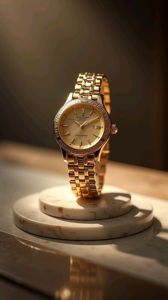 gold watch, analog watch, wrist watch, metal watch, luxury watch, brand awareness, minimalist, editorial, luxurious, calm, gold, neutral