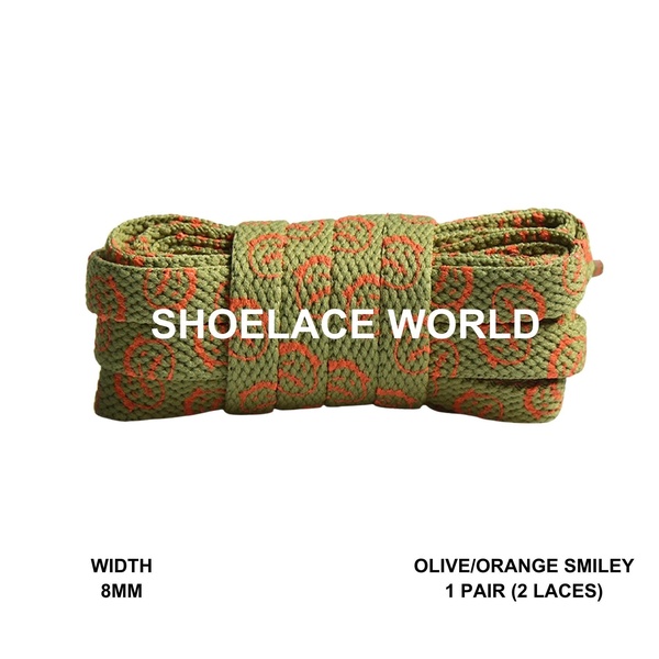 A clean, high-resolution product hero shot of olive green smiley-print shoelaces against a solid white background, emphasizing texture and color.