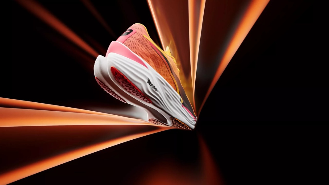 A high-performance running shoe is captured in mid-air against a deep black background, highlighted by vibrant orange light streaks to emphasize speed.
