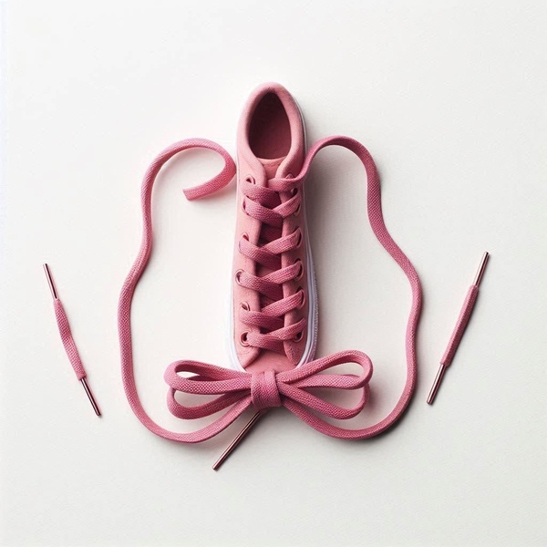 A high-contrast, minimalist product shot of a pink sneaker where the laces are creatively arranged into a bow shape on a clean white surface.