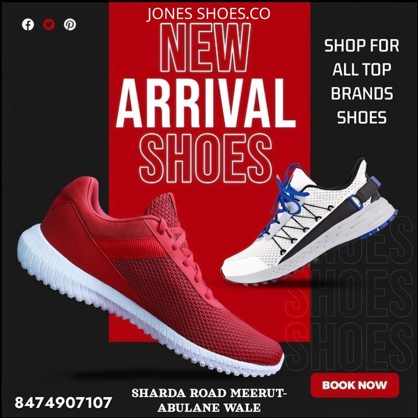 A 1:1 format ad creative highlighting new running shoe arrivals with a split-product visual and clear, urgent local store branding.