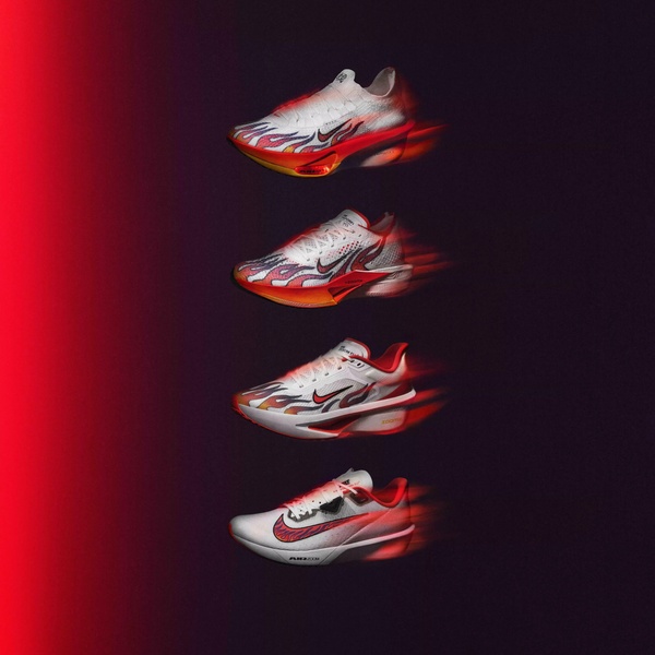 A vertical-aligned series of four running shoes captured with motion blur effects on a dark, gradient background to emphasize speed and performance.