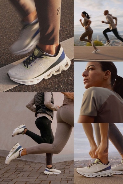 A 2:3 vertical grid layout showcasing the running shoe in action through varied, high-energy lifestyle perspectives.