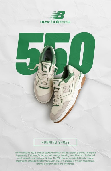 A clean, minimalist 2:3 ratio creative featuring a hero shot of the New Balance 550 sneakers on a textured, neutral background.