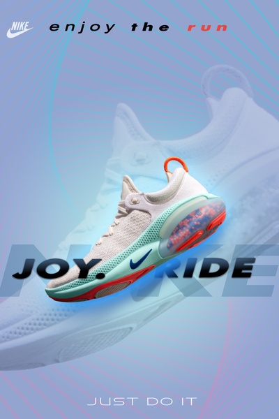 This ad creative highlights the running shoe as the focal point against a clean, geometric background with soft blue and orange accents.