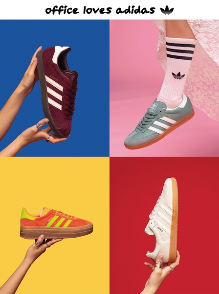 This creative showcases four distinct running shoe models held in hand against bold, contrasting solid-colored backgrounds in a 3:4 grid format.