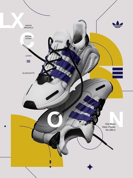 A high-contrast, graphic-design inspired poster showing a pair of running shoes in a suspended, floating composition against a neutral background.