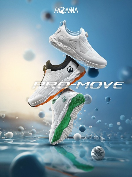 A high-end product hero shot featuring three golf shoes in dynamic levitation against a blue gradient background with soft bokeh spheres.