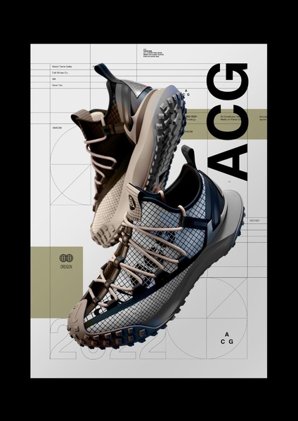 A 3_4 vertical ad showcasing two running shoes arranged in a structural, grid-overlay composition on a clean white background.