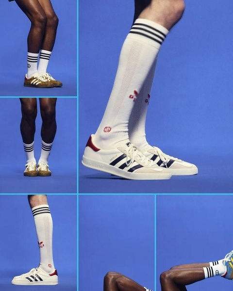 A multi-paneled, clean composition showcasing a pair of branded running shoes and coordinating socks against a solid blue backdrop.