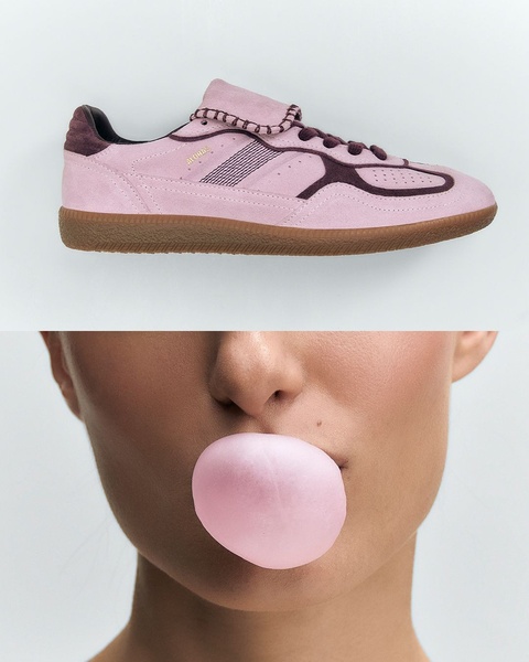 A split-screen composition featuring a light pink suede sneaker paired with a human model blowing a matching pink bubblegum bubble.