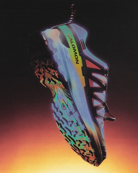 A high-performance running shoe is displayed against a dark, moody background with vibrant neon color shifts, highlighting the product details through aggressive, high-contrast lighting.