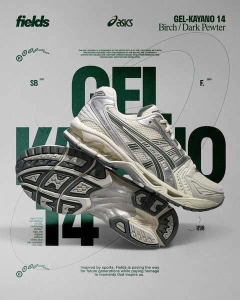 A sophisticated, magazine-style layout featuring a running shoe at multiple angles with detailed technical callouts and brand heritage text.