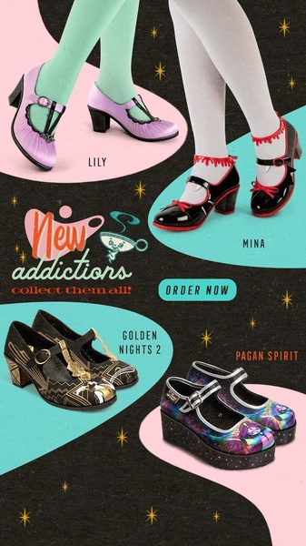 A high-contrast grid display showcasing four unique Mary Jane shoe designs against a stylized background with call-to-action buttons.