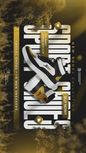 A vertical-oriented ad creative for men sneakers featuring high-contrast black and white typography with metallic gold accents.
