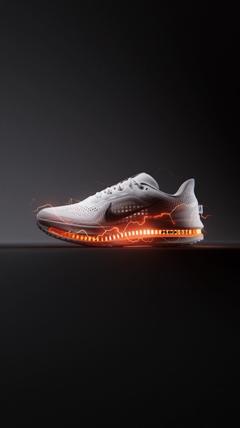 A sleek, side-profile shot of a white running shoe featuring a vibrant orange neon electrical effect emanating from the midsole.