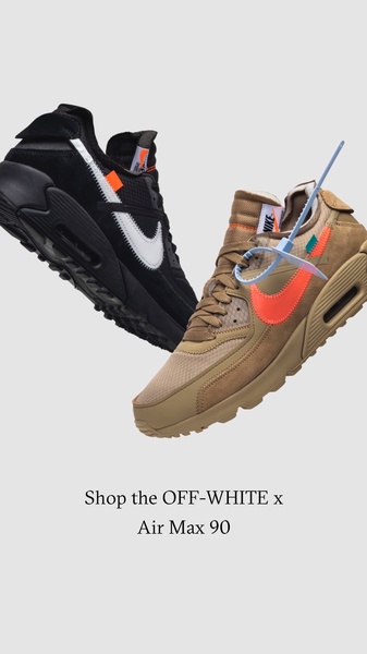 A clean, vertical ad creative showcasing two colorways of the Off-White x Air Max 90 sneaker in a dynamic floating composition against a neutral background.