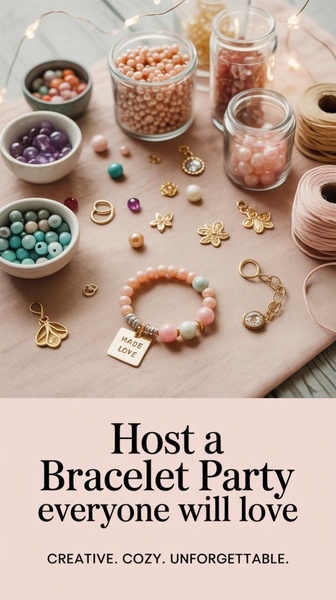 A cozy, flat-lay image featuring beads and jewelry supplies for a DIY bracelet party, paired with clear, inviting typography.