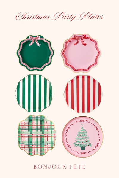 A high-end product display showcasing six different designs of Christmas party plates in a clean, symmetrical grid layout against a soft cream background.
