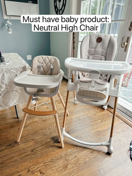 A high-conversion 3:4 aspect ratio static image comparing two neutral-colored high chairs to appeal to design-conscious parents.