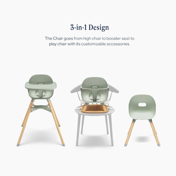 This clean, studio-lit creative uses a direct visual comparison to demonstrate the product's evolution from a high chair to a booster and a play chair.