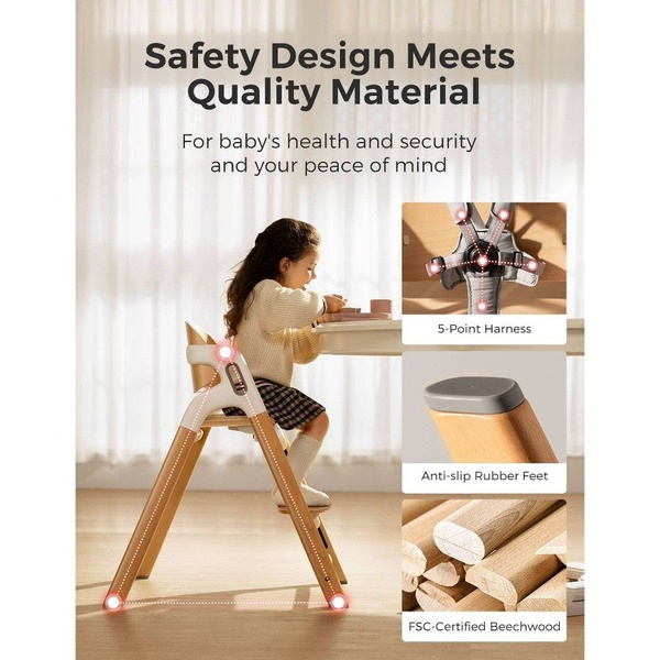 A split-view composition highlighting safety certifications and material quality alongside a lifestyle shot of a child using the high chair.