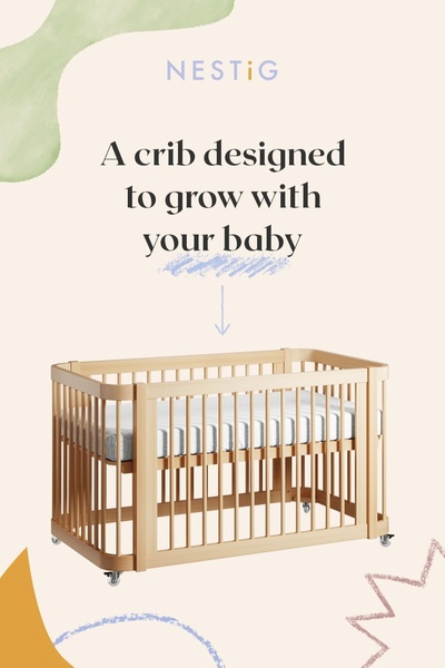 A high-conversion ad creative showcasing a wooden baby crib with clear value-proposition text that emphasizes the product's ability to grow with the child.