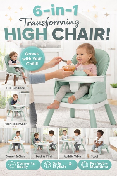 A high-converting 2:3 vertical creative showcasing the six functional stages of a transforming high chair, from infant seating to toddler desk.