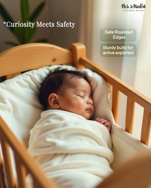 A peaceful, soft-focus lifestyle image of an infant sleeping in a wooden crib, highlighting product safety features through minimalist text.