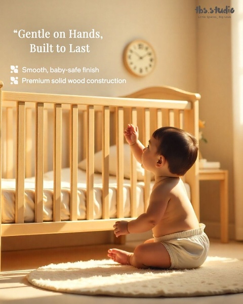 A high-quality, soft-focus aesthetic ad showing a baby reaching for a solid wood crib, emphasizing safety and durability.