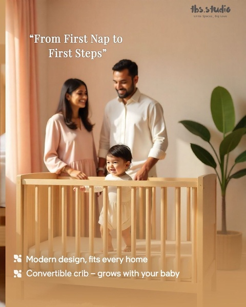 A lifestyle-focused creative for a convertible crib featuring a young family in a warm, sunlit nursery setting that emphasizes product longevity.