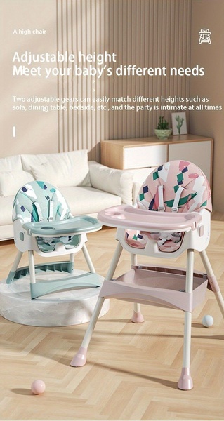 A clean, lifestyle-oriented ad showing the versatility of an adjustable high chair at different seating heights.