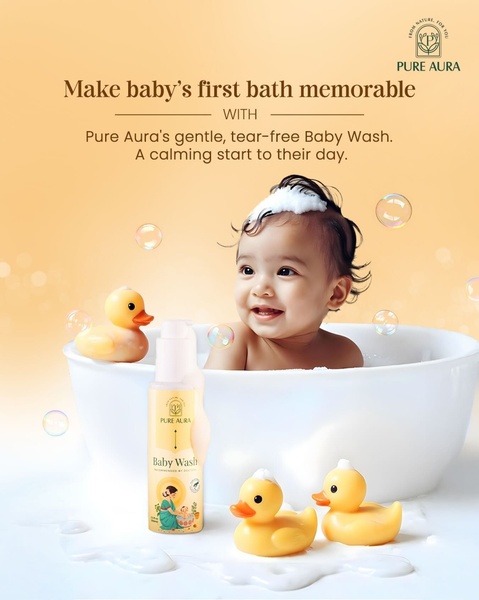 This 4:5 ratio ad features a high-quality product image of a baby wash bottle alongside a happy baby in a bath, utilizing soft pastel tones to evoke trust.
