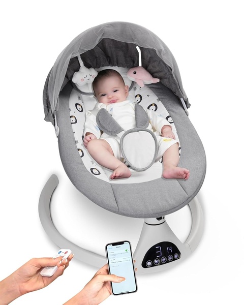 A split-view creative demonstrating the ease of controlling a baby swing via both a handheld remote and a smartphone application.