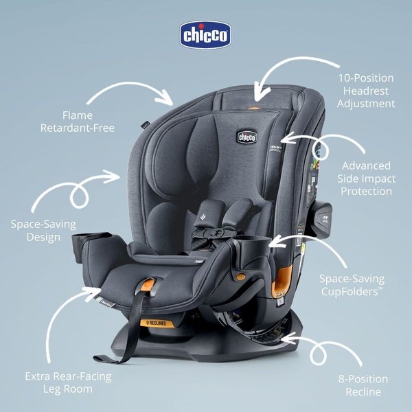 A high-clarity product shot of a convertible car seat featuring visual annotations that point out specific safety and comfort features.