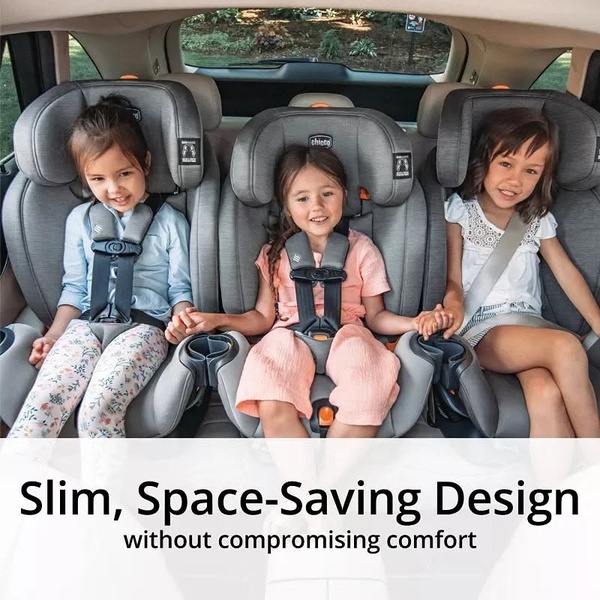 This creative demonstrates a slim, space-saving car seat design that allows for three children in a single row without sacrificing passenger comfort.