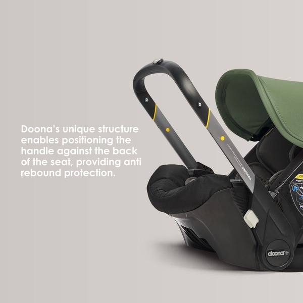 A close-up shot focusing on the structural design of a car seat handle providing anti-rebound protection during transit.